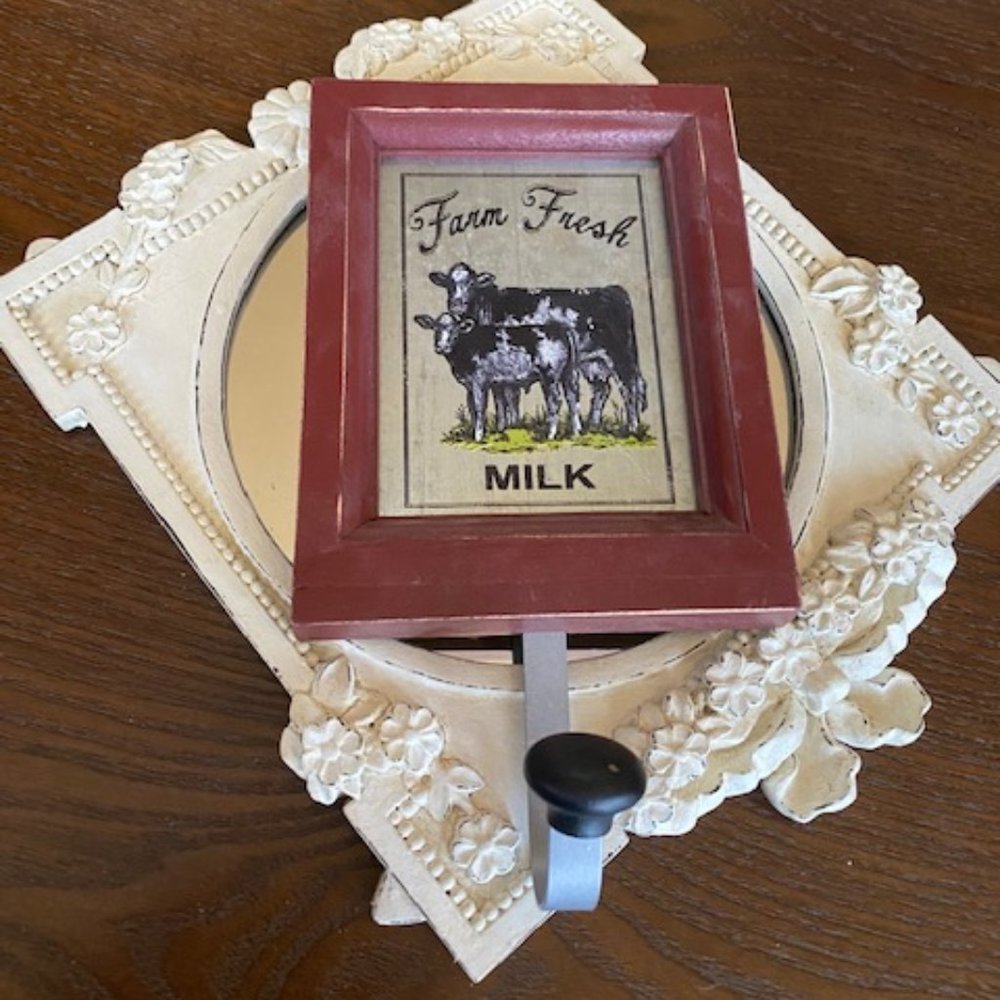 Farmhouse FARM FRESH MILK Cows on Metal in Distressed Wood Frame w/Hook
